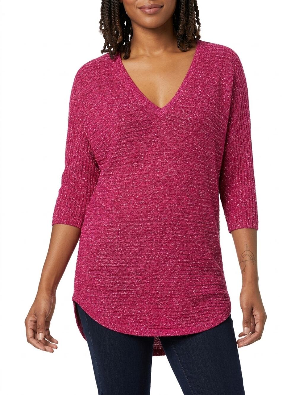 New York & Company Pink V-Neck Knit Dolman Sleeve Sweater Women Size L